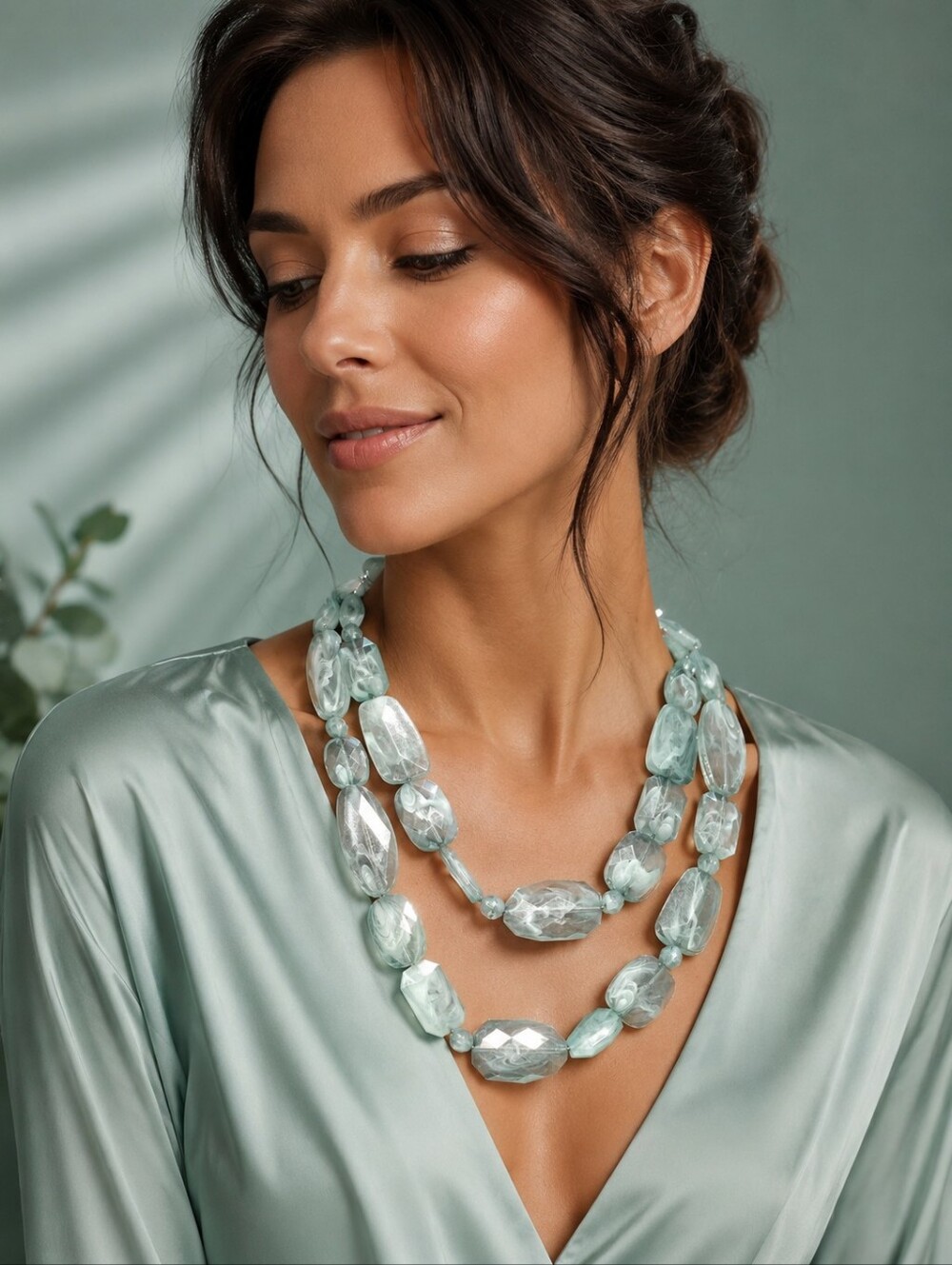 Vintage Seafoam Marbled Acrylic Double-Strand Statement Necklace, Circa 2000s–10